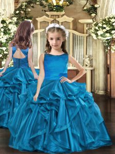 Cute Organza Scoop Sleeveless Lace Up Ruffles Little Girls Pageant Dress in Blue