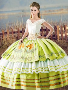 Eye-catching V-neck Sleeveless Ball Gown Prom Dress Floor Length Embroidery and Ruffled Layers Yellow Green Satin