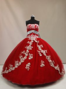 Dynamic Strapless Sleeveless Lace Up Quinceanera Gowns Red Tulle