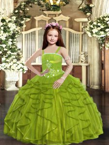 Attractive Olive Green Sleeveless Floor Length Beading and Ruffles Lace Up Kids Pageant Dress