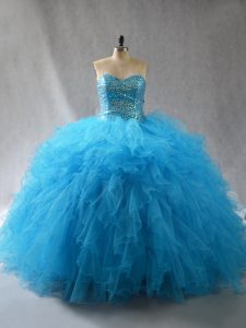 Most Popular Baby Blue Ball Gowns Sweetheart Sleeveless Tulle Floor Length Lace Up Beading and Ruffles Military Ball Gowns
