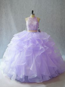 Nice Lavender Sleeveless Organza Brush Train Backless Sweet 16 Quinceanera Dress for Sweet 16 and Quinceanera