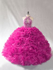 New Style Halter Top Sleeveless Brush Train Lace Up Quinceanera Dresses Fuchsia Organza