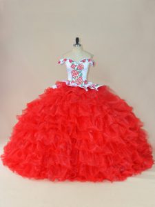 Artistic White And Red Off The Shoulder Neckline Embroidery and Ruffles Quinceanera Gown Sleeveless Lace Up
