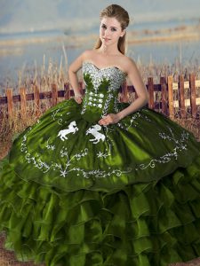 Modern Sweetheart Sleeveless Quince Ball Gowns Floor Length Embroidery and Ruffles Olive Green Satin