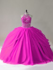 Fuchsia Tulle Lace Up Halter Top Sleeveless 15th Birthday Dress Beading