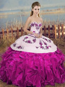 Fuchsia Ball Gowns Sweetheart Sleeveless Organza Floor Length Lace Up Embroidery and Ruffles and Bowknot Sweet 16 Quinceanera Dress