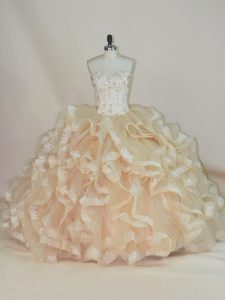 Champagne Lace Up Sweetheart Sleeveless Floor Length Sweet 16 Dress Beading and Ruffles
