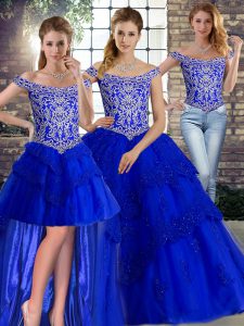 Artistic Royal Blue Lace Up Sweet 16 Dress Beading and Lace Sleeveless Brush Train