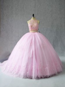 Exquisite Halter Top Sleeveless Court Train Zipper Quinceanera Gown Baby Pink Tulle