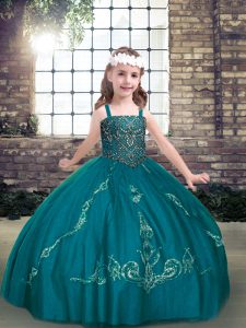 Sleeveless Tulle Floor Length Lace Up Winning Pageant Gowns in Teal with Beading