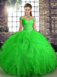 Stylish Beading and Ruffles Quinceanera Gown Green Lace Up Sleeveless Floor Length