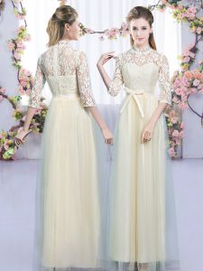 Extravagant Champagne Tulle Zipper Dama Dress Half Sleeves Floor Length Lace and Bowknot