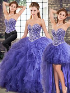 Floor Length Three Pieces Sleeveless Lavender Teens Party Dress Lace Up