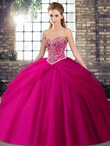 Beauteous Sweetheart Sleeveless Tulle Sweet 16 Quinceanera Dress Beading and Pick Ups Brush Train Lace Up