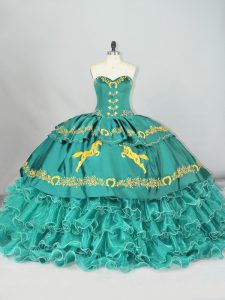 Latest Embroidery and Ruffled Layers Quinceanera Gowns Turquoise Lace Up Sleeveless Brush Train