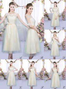 Tea Length Empire Sleeveless Champagne Quinceanera Court of Honor Dress Lace Up