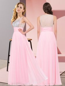 Suitable Sleeveless Chiffon Floor Length Side Zipper Quinceanera Dama Dress in Baby Pink with Beading