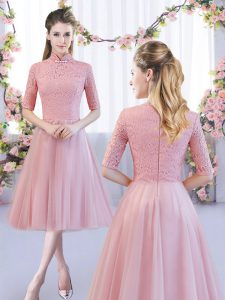 Pretty Pink Half Sleeves Tea Length Lace Zipper Dama Dress