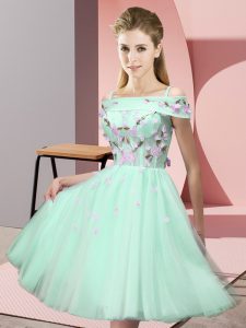 Appliques Quinceanera Court of Honor Dress Apple Green Lace Up Short Sleeves Knee Length