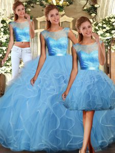 Low Price Three Pieces Quinceanera Dress Baby Blue Scoop Tulle Sleeveless Floor Length Backless