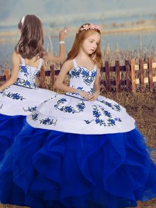 Perfect Royal Blue Backless Straps Embroidery and Ruffles Child Pageant Dress Organza Sleeveless