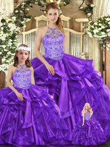 Flare Purple Sleeveless Floor Length Beading and Ruffles Lace Up Vestidos de Quinceanera