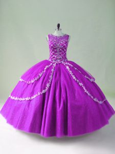 Best Selling Sleeveless Tulle Floor Length Zipper 15th Birthday Dress in Purple with Beading and Appliques