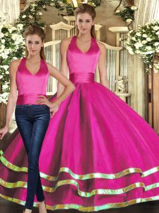 Sleeveless Tulle Floor Length Lace Up Quinceanera Dresses in Fuchsia with Ruffled Layers