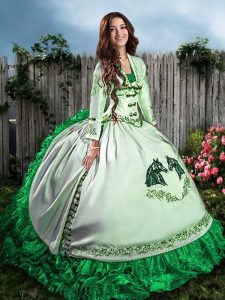 Sleeveless Satin Floor Length Lace Up Juniors Party Dress in Green with Embroidery and Ruffles
