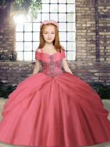 Luxurious Watermelon Red Sleeveless Floor Length Beading Lace Up Girls Pageant Dresses