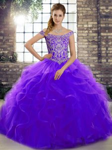 Off The Shoulder Sleeveless 15 Quinceanera Dress Brush Train Beading and Ruffles Purple Tulle