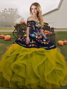 Wonderful Off The Shoulder Sleeveless Lace Up Sweet 16 Dress Olive Green Tulle