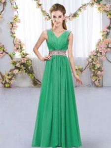 Adorable Turquoise Lace Up Vestidos de Damas Beading and Belt Sleeveless Floor Length