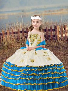 Attractive Organza Straps Sleeveless Lace Up Beading and Embroidery and Ruffled Layers Little Girls Pageant Dress Wholesale in Baby Blue