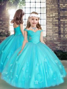 Wonderful Floor Length Aqua Blue Little Girls Pageant Dress Tulle Sleeveless Beading and Hand Made Flower