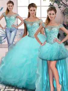 New Style Ball Gowns Quinceanera Dresses Aqua Blue Off The Shoulder Tulle Sleeveless Lace Up