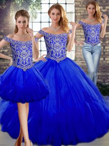 Royal Blue Off The Shoulder Lace Up Beading and Ruffles Quinceanera Dress Sleeveless
