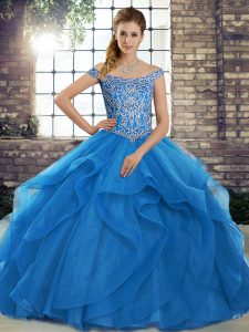 Adorable Ball Gowns Sleeveless Blue Sweet 16 Quinceanera Dress Brush Train Lace Up