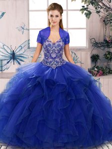 Royal Blue Ball Gowns Beading and Ruffles Sweet 16 Dress Lace Up Tulle Sleeveless Floor Length