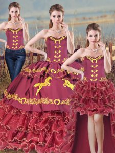Burgundy Satin and Organza Lace Up Casual Dresses Sleeveless Brush Train Embroidery and Ruffles