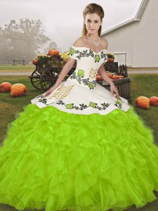 Spectacular Embroidery and Ruffles Teens Party Dress Yellow Green Lace Up Sleeveless Floor Length