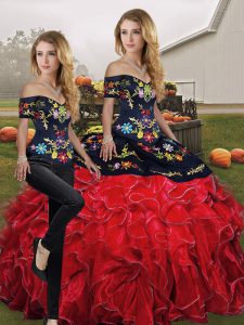 Sleeveless Floor Length Embroidery and Ruffles Lace Up 15 Quinceanera Dress with Red And Black