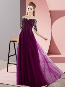 Chic Beading and Lace Damas Dress Fuchsia Lace Up Half Sleeves Floor Length