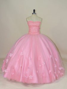 Smart Sweetheart Sleeveless Tulle Quince Ball Gowns Beading and Hand Made Flower Lace Up