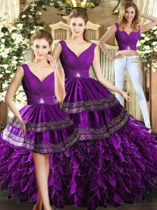 Sleeveless Organza Floor Length Backless Sweet 16 Quinceanera Dress in Purple with Beading and Embroidery and Ruffles