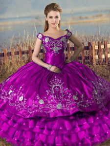 Customized Purple Quinceanera Dress Sweet 16 and Quinceanera with Embroidery and Ruffled Layers Off The Shoulder Sleeveless Lace Up