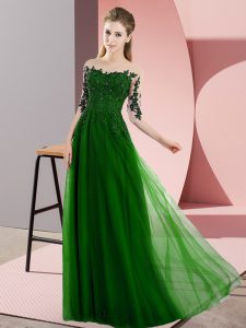 Superior Green Lace Up Damas Dress Beading and Lace Half Sleeves Floor Length