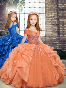 Attractive Floor Length Orange Kids Pageant Dress Straps Sleeveless Lace Up