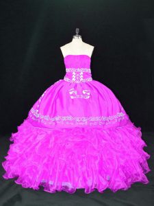 Fitting Sleeveless Floor Length Embroidery and Ruffles Lace Up Vestidos de Quinceanera with Fuchsia